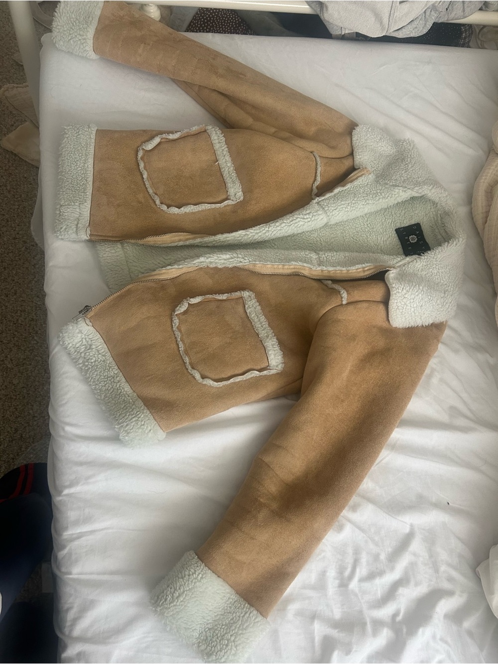 Daisy street Faux Suede Sherpa Jacket - Tan with Cream Trim